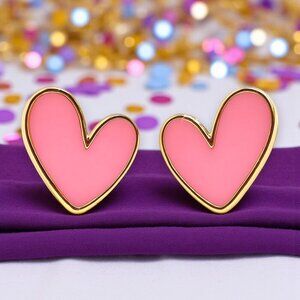 Pink Enamel Heart Stud Earrings Gold Tone Hypoallergenic Gift for Girls & Teen